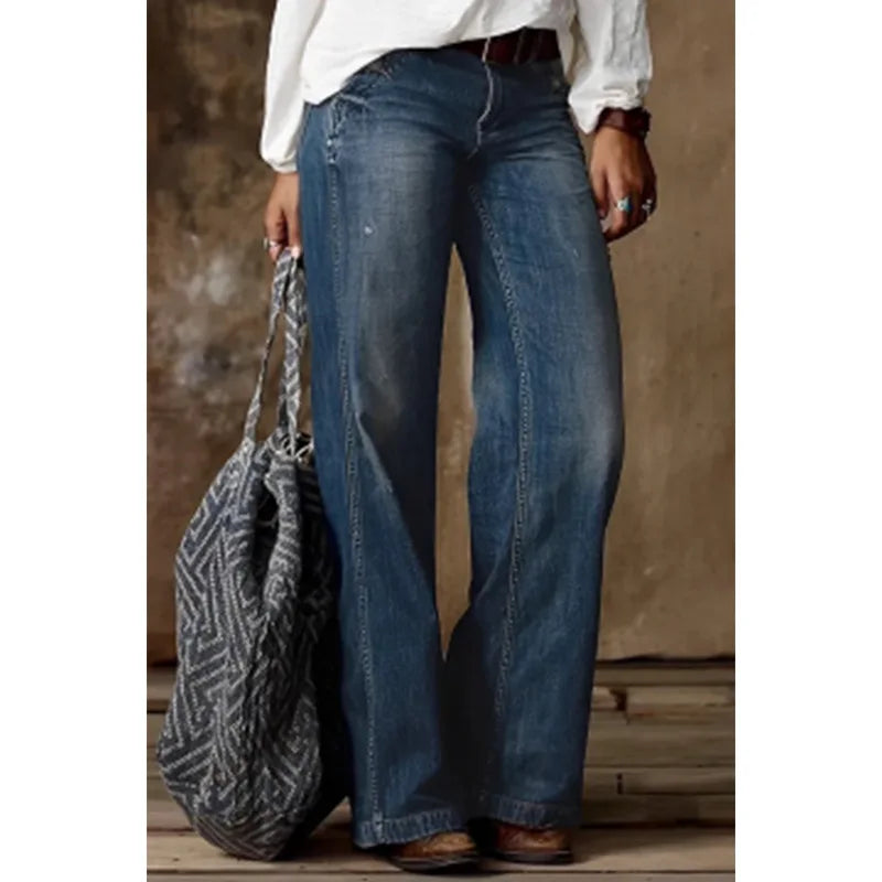 Women Jeans Wide Leg Pants Ankle Length Washing Denim Distressed Pockets High Waist Casual Loose Solid Spliced Summer 2024 Aviola