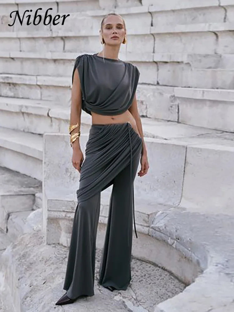 Nibber Elegant Ruched 2Piece Set Summer Women Chic Irregular Tank Tops+Skirts Pants Matching Casual Basic Classic Streetwear Aviola