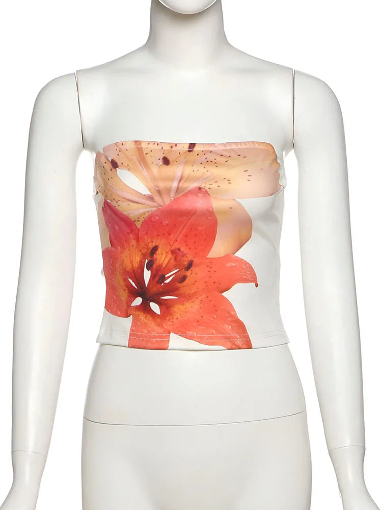 Nibber Colorful Wrap Tops Women Flower Print Chest Wrap Sleeve Backless Skinny Beach Party Simple Classic Summer Mini Clothes Aviola