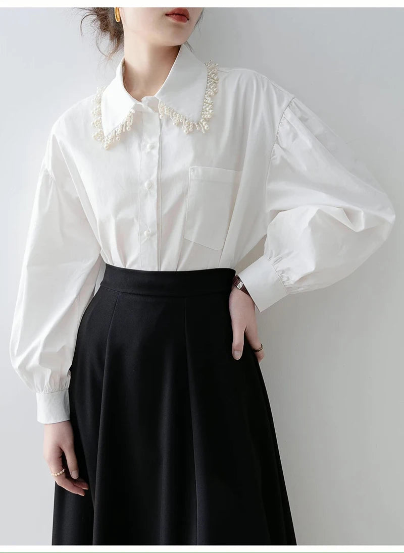 MEXZT Elegant White Shirts Women Fashion Beading Patchwork Blouses Office Ladies Korean Long Sleeve Pocket Design Casual Tops Aviola