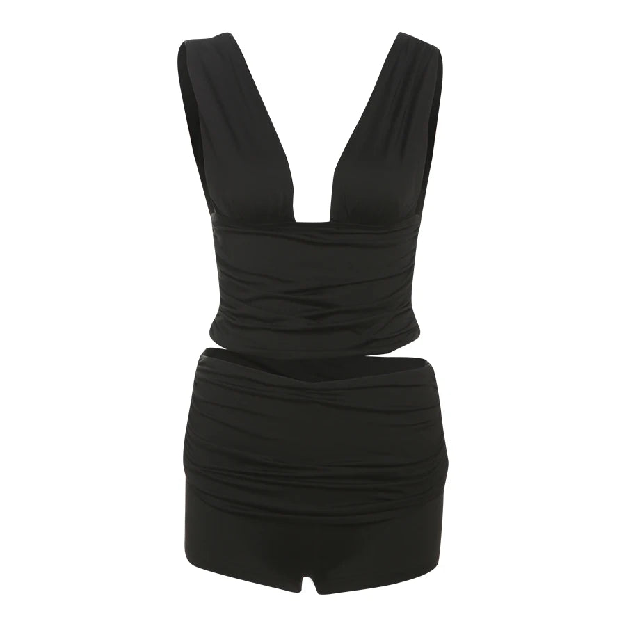 Nibber Folds Sexy 2-Piece Set Women Deep v-Neck Backless Sleeveless Vests+Mini Shorts High Elasticity Classic Matching Suits Aviola