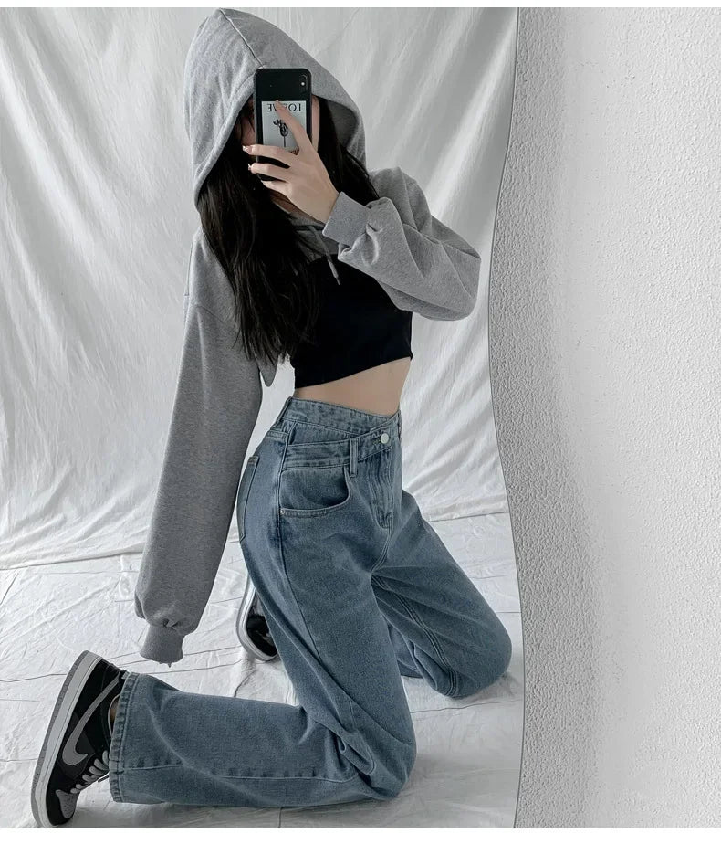 Wide Leg Pants Women Vintage Jeans High Waist Loose Fit Basics Full Length Pockets Button 2025 Casual Denims Straight Trousers Aviola