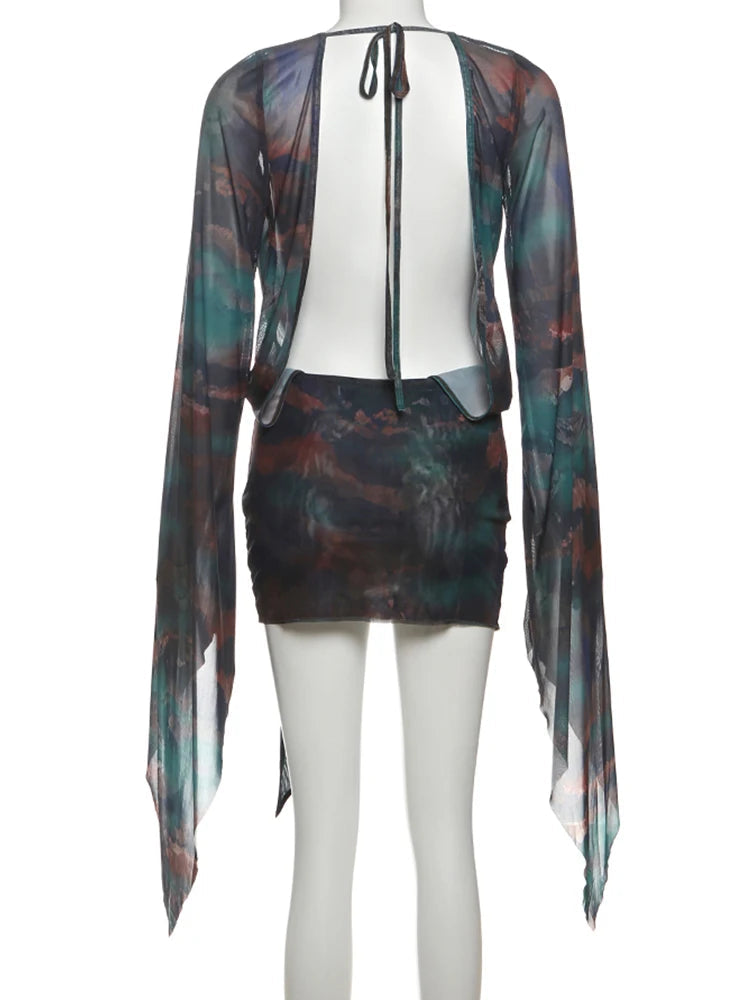 Nibber Sexy See Through Tie-Dye Dress Women Deep V-Neck Lace-Up Backless Loose Full Sleeve Summer Party Coquette Mini Bodycon Aviola