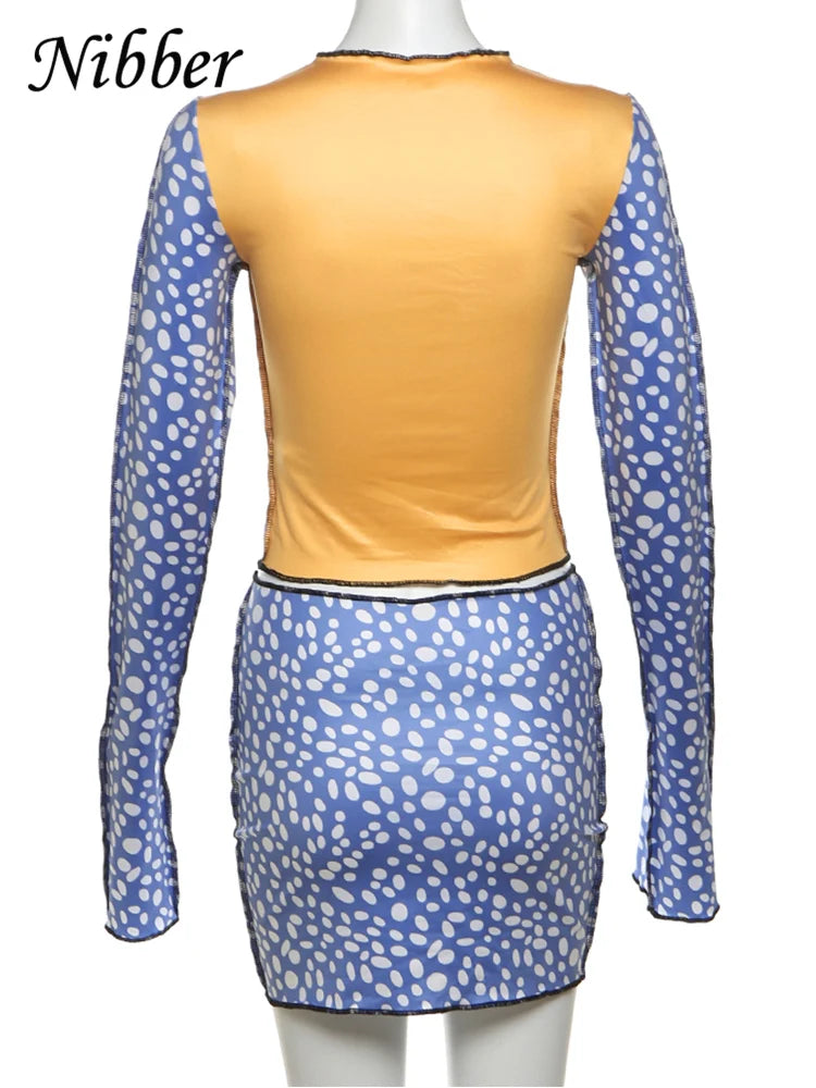 Nibber Letter Print Women 2 Piece Set Autumn Trend Casual Crop Tops+Dot Peach Hip Skirts Stretch Matching Streetwear Outfits Aviola
