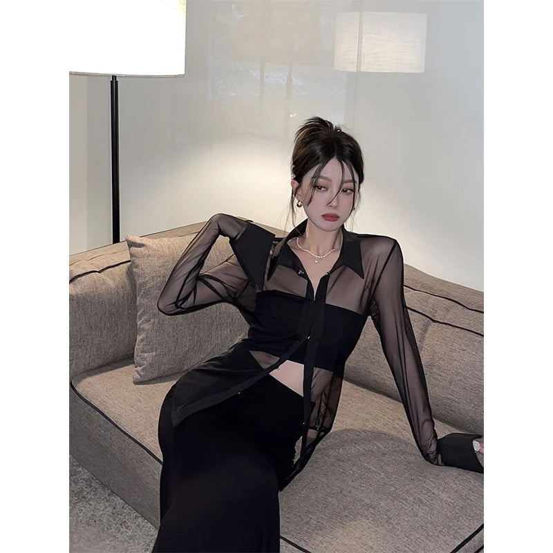 MEXZT Y2K Mesh Sheer Shirts Women Sexy Black See Through Blouses Summer Korean Fashion Aesthetic Long Sleeve Slim Chic Tops New Aviola