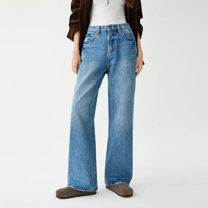Denim Wide Leg Pants Women Jeans Floor Length High Waist Mom Jenas Washed Pockets Vintage Straight Trousers 2025 Streetwear Aviola