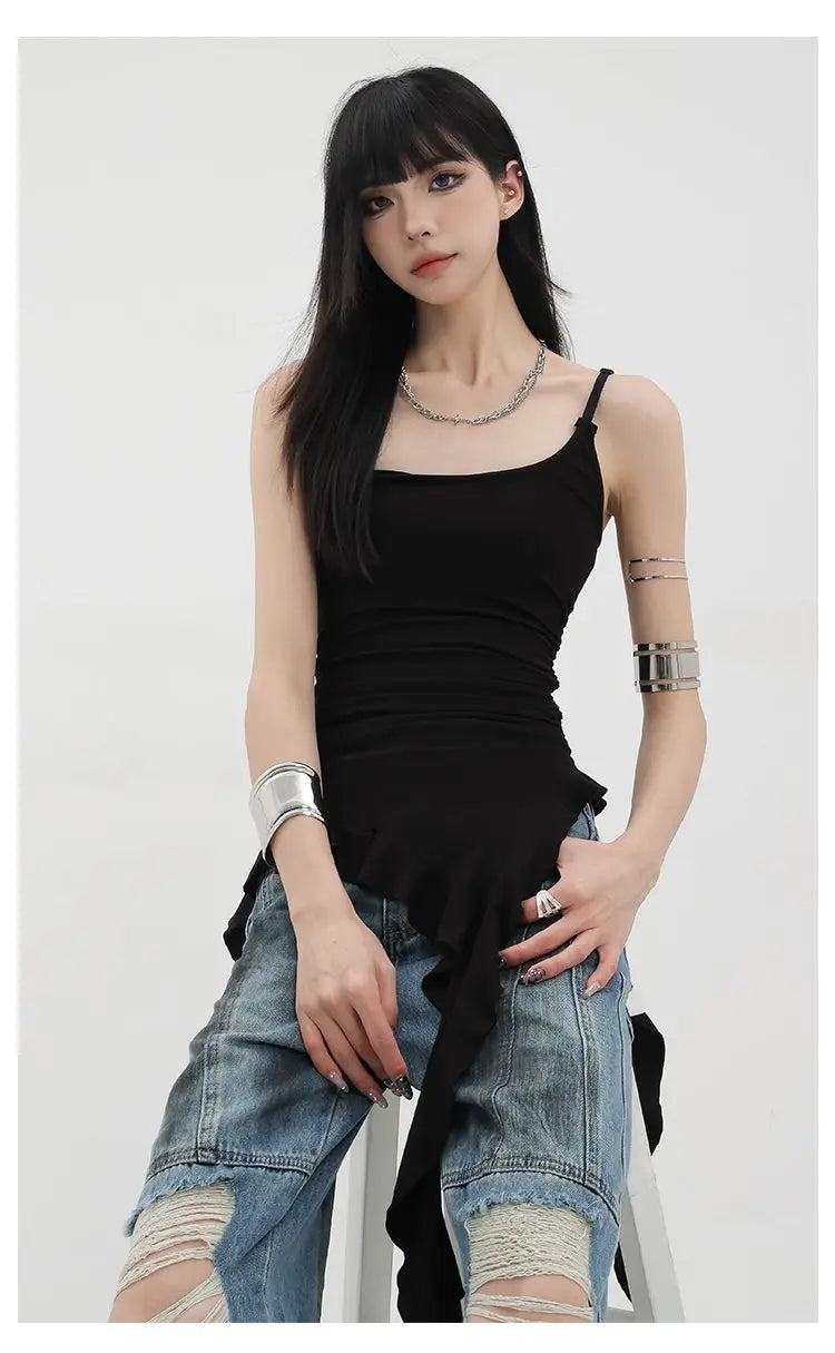 MEXZT Y2K Irregular Black Tank Top Women Grunge Aesthetic Sexy Backless Camis Gyaru Streetwear Korean Tees Summer Design Tanks Aviola