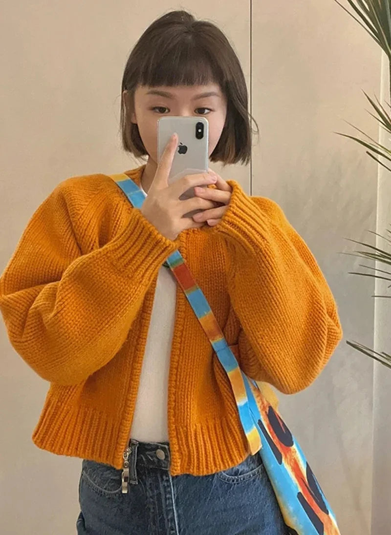 MEXZT Solid Knitted Cardigan Women Sweet Zipper Cropped Sweaters Korean Vintage Casual Knitwear Coat Loose Short Jumpers Jackets Aviola