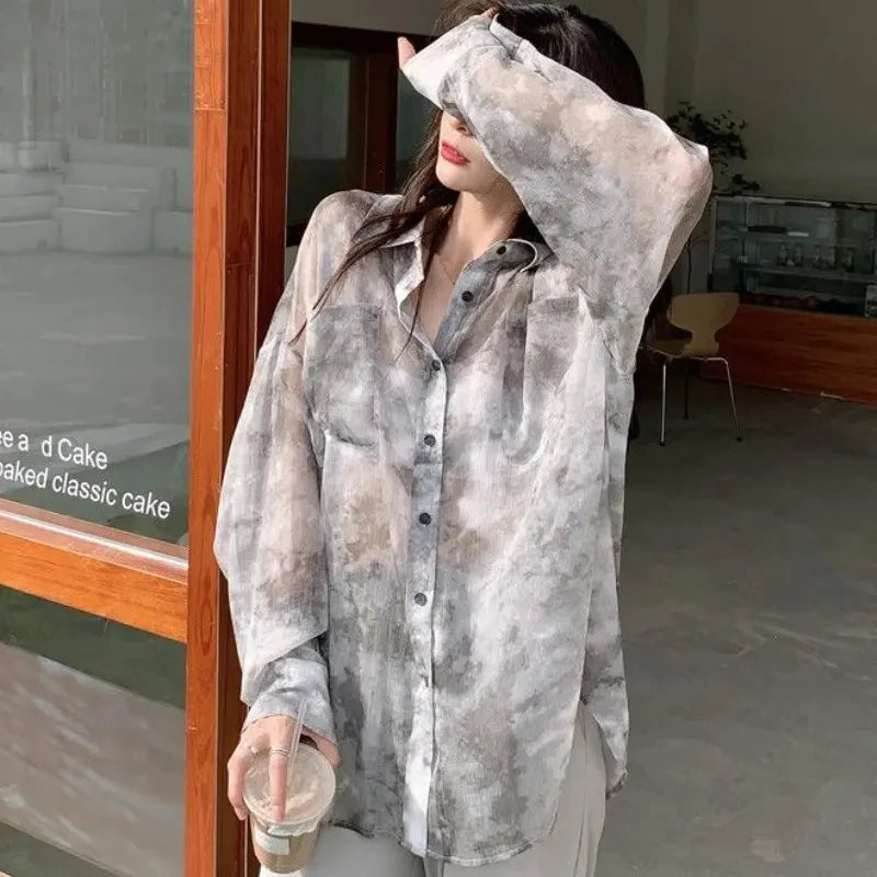 MEXZT Streetwear Tie Dye Shirts Women Harajuku Oversized Sun Proof Blouses Korean Vacation Beach Long Sleeve Sunscreen Tops New Aviola