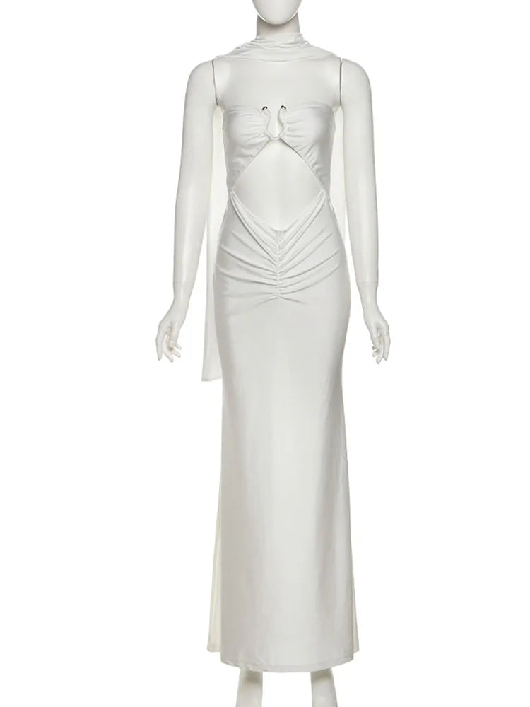 Nibber Temperament Scarf+Maxi Dress Women Hollow Folds Sleeveless Backless Metal Trim Solid Elegant Banquet Vacation Vestidos Aviola