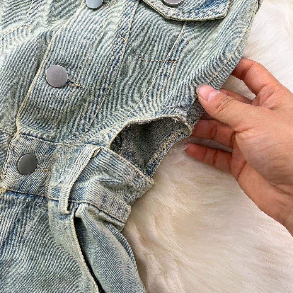 Denim Jumpsuits Women Hole One Piece Wide Leg Pants Sleeveless Strapless Distressed Mom Pockets Jeans Streetwear Summer 2025 Aviola