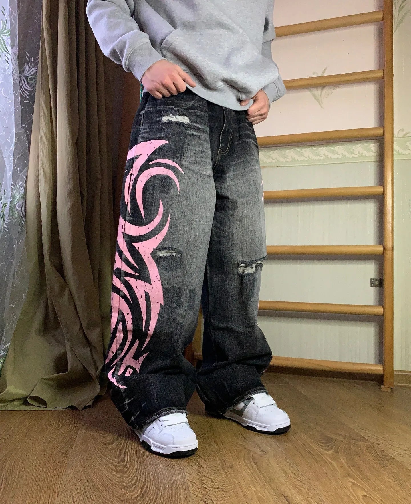 Denim Pant Women Jeans Wide Leg Long Pants Hole High Waist Straight Trousers Y2k Streetwear Print Mom Jeans Casual Loose 2025 Aviola