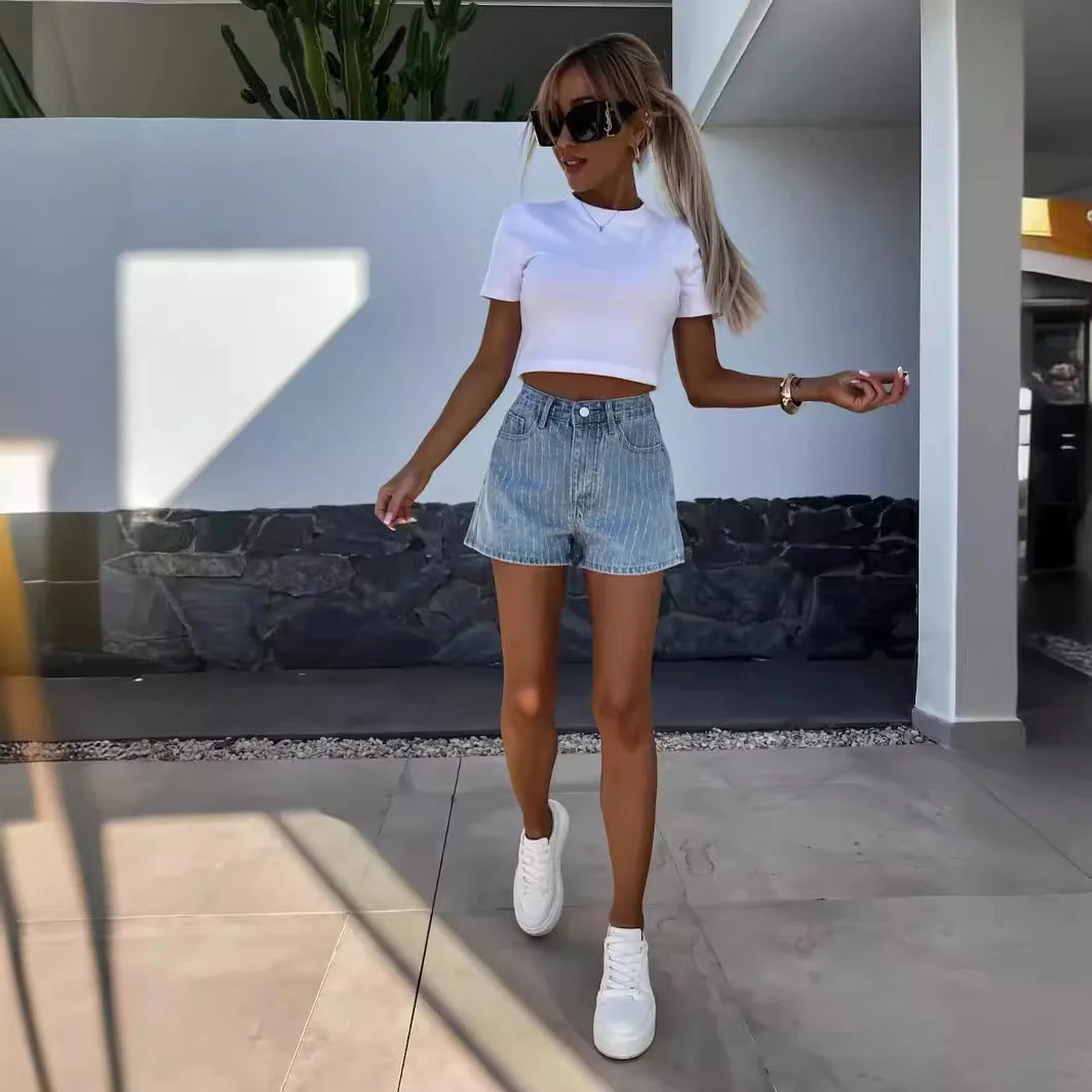 Shorts Denim Pant Women Jeans Short Pants Hot Drilling High Waist Straight Trousers Y2k Streetwear Elegant Mom Jeans Summer 2025 Aviola