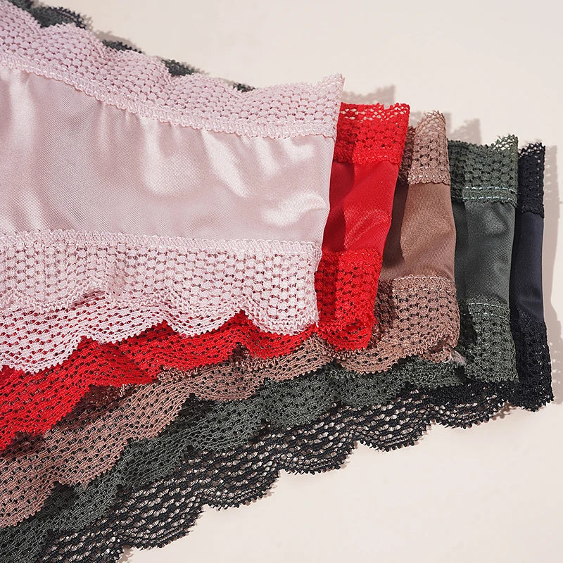 5PCS/Set Seamless Satin Panties Low Rise Lace Patchwork Briefs Solid Color Comfortable Breathable Women's Underwear Lingerie Aviola