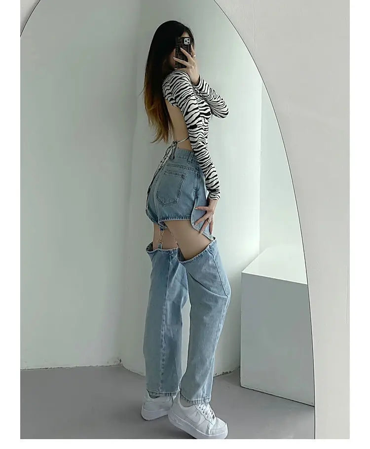 Denim Pant Women Jeans Wide Leg Long Pants Hole Two Fakes High Waist Straight Trousers Y2k Streetwear Elegant Work Summer Aviola