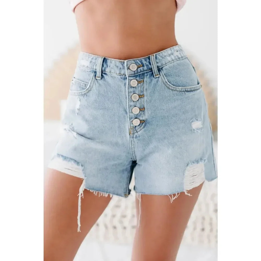Denim Shorts Women Sexy Ripped Mom Jeans Button Pocket Washed Distressed Mid Waist Streetwear Short Summer 2025 Hole Short Pants Aviola