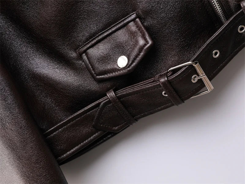 Dark brown Coal graysty le Women's washed leather jacket with belt, short coat with downgraded zipper and vintage lapel jacket Aviola