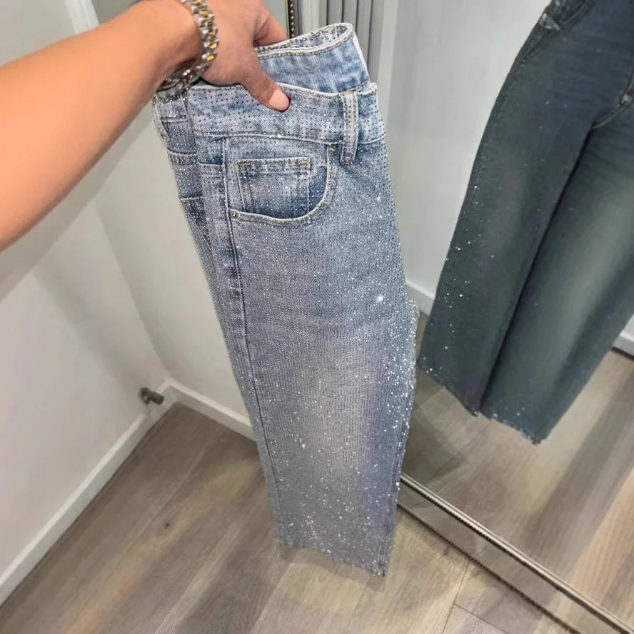 Denim Pant Women Mom Jeans Long Pants Hot Drilling Slim Fit High Waist Straight Trousers Y2k Streetwear Splice Club Party 2025 Aviola