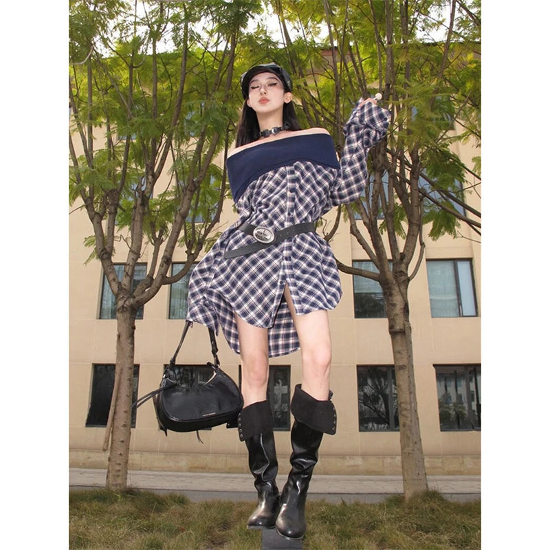MEXZT Vintage Plaid Shirts Women Y2K Harajuku Sexy Slash Neck Patchwork Blouses Gyaru Korean Long Sleeve Casual Design Tops New Aviola