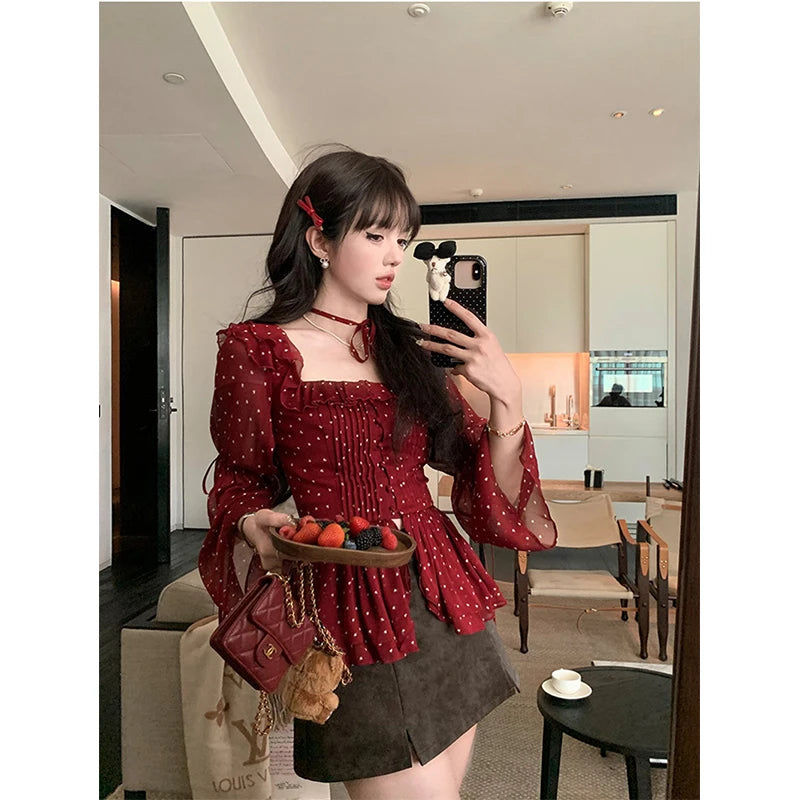 MEXZT Vintage Polka Dots Shirts Women Elegant Red Ruffles Lace Up Blouses Summer Korean Square Collar Long Sleeve Design Tops Aviola