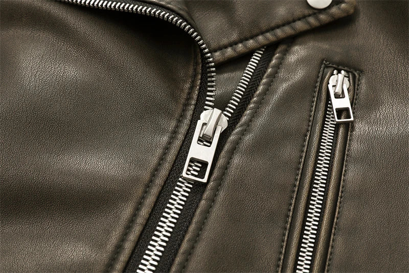 Chaqueta de cuero lavado con cinturón para mujer, abrigo corto con cremallera degradada y cuello vuelto Vintage, chaqueta elegan Aviola