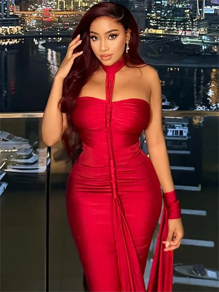 Nibber Elegant Halter Maxi Dress Women Backless Skinny Solid Hand Strap Hem Summer Trend Sexy Vacation Birthday Party Vestidos Aviola