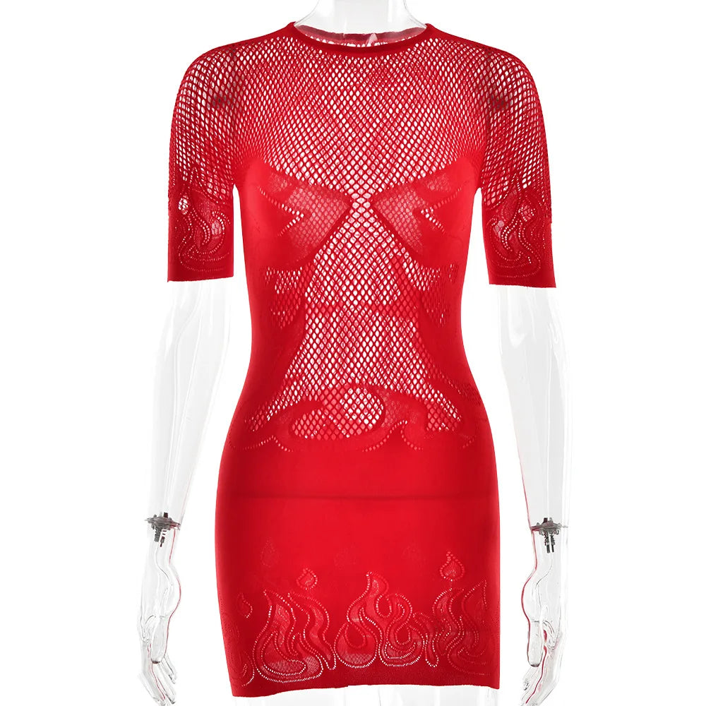 Nibber Hottie Sexy See Through Dress Women Flame Patchwork Print o-Neck Short Sleeve Skinny Peach Hip Street Hipster Outfits Aviola