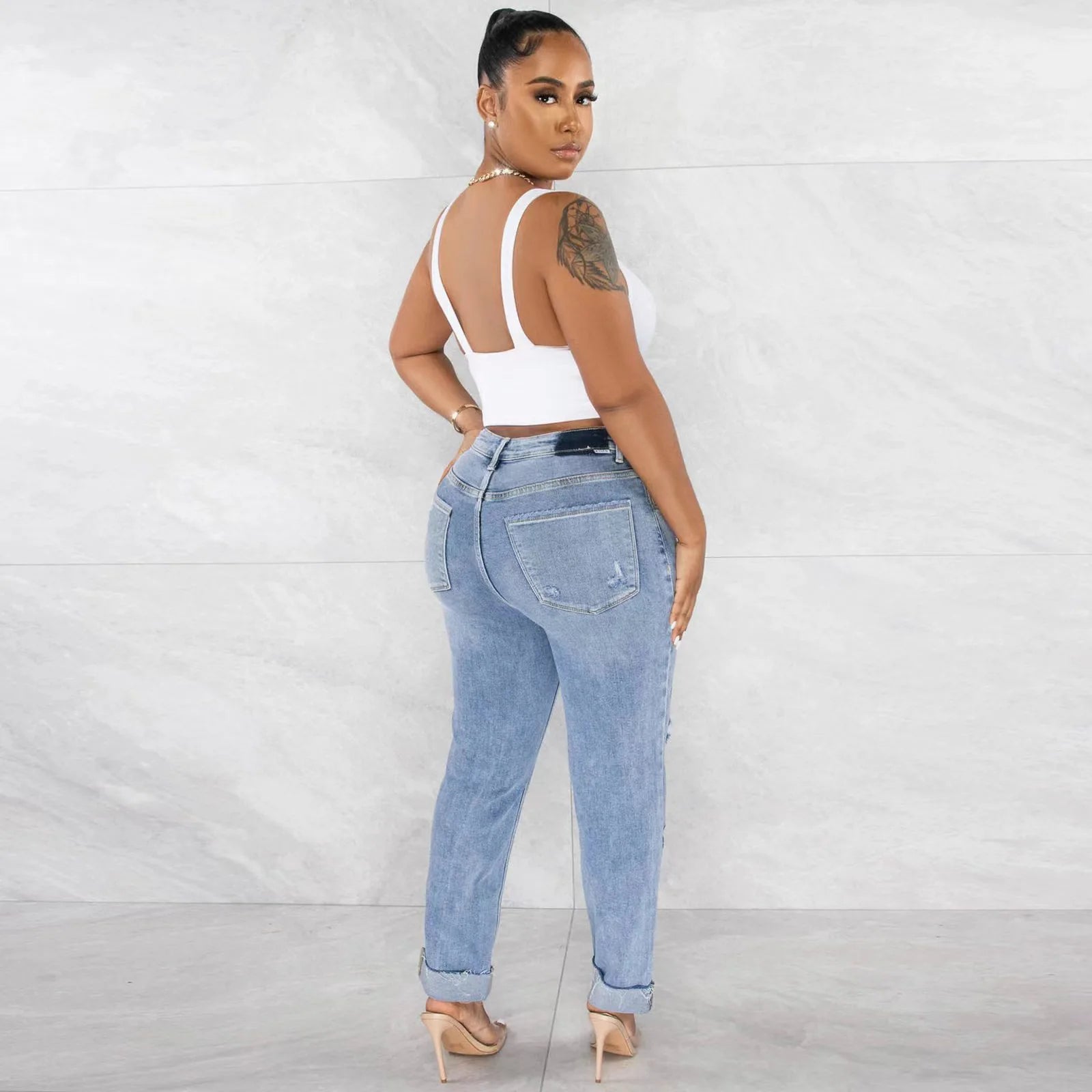 Women Jeans Washing Pencil Pants Holes Denim Full Length Slim Fit Pockets Zipper Fly High Street Spring Solid Slight Strech Aviola