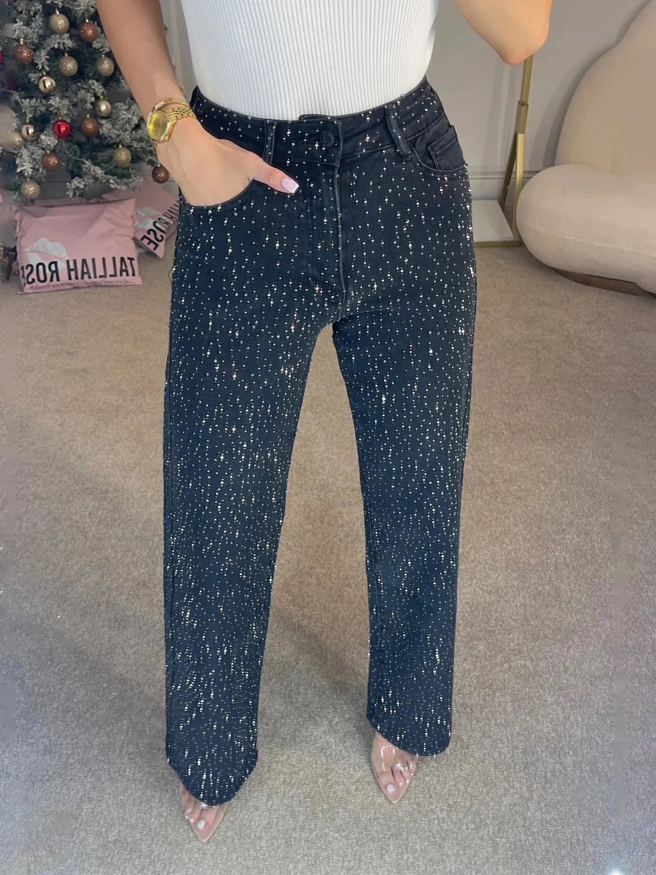 Jeans for Women Straight Diamonds Pants Stretch High Waist Washed Mom Jeans Vintage Denims Streetwear Y2k Streetwear Trousers Aviola
