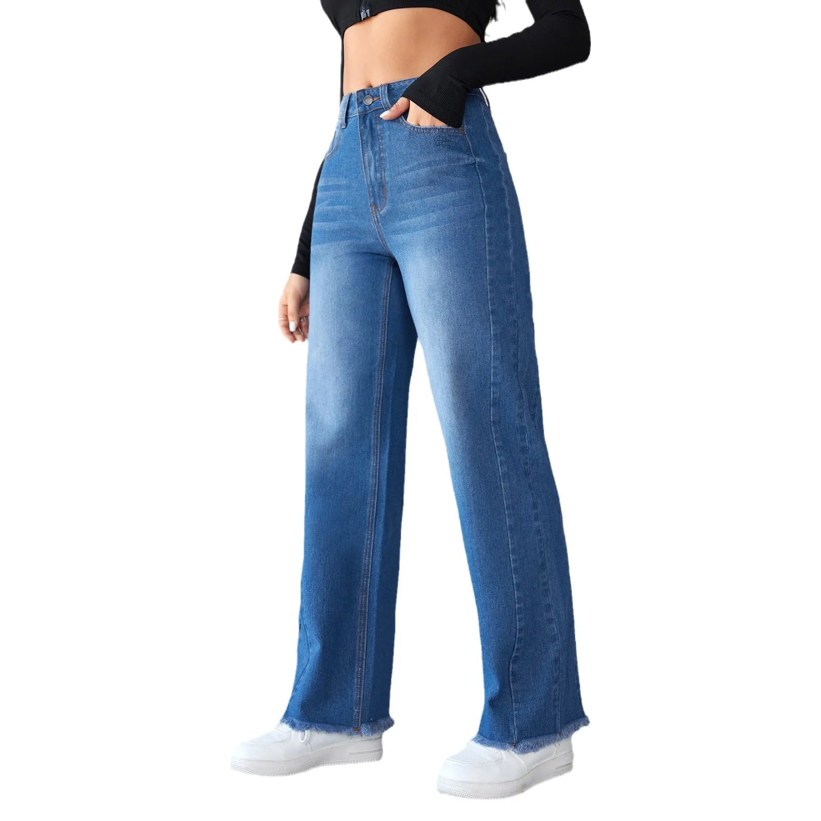Washed Distressed Denim Straight Pants Vintage Women Jean Pockets High Waist Loose Fit Ankle Length Wide Leg Pants Basics Aviola