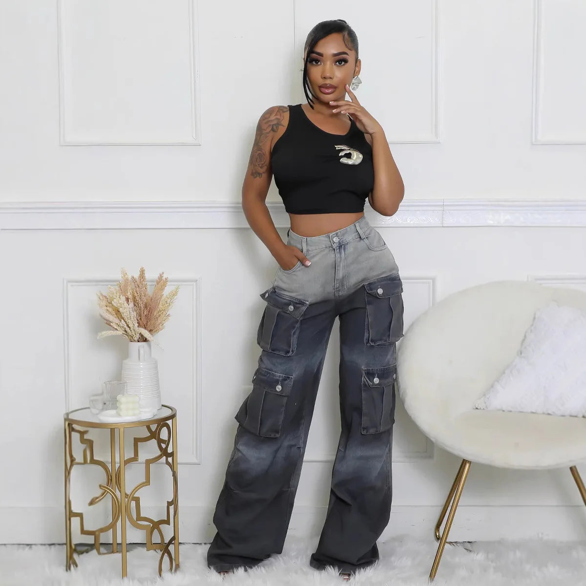 Jeans Women Denim Long Pant Cargo Pants Gradation Pockets High Waist Straight Trousers Y2k Streetwear Party Club Casual Loose Aviola