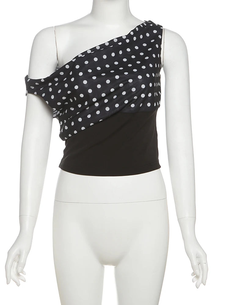 Nibber Daily Skew Collar Off Shoulder T-Shirt Women Polka Dots Print Summer Trend Backless Street Fashion Trend Ruched Crop Tops Aviola