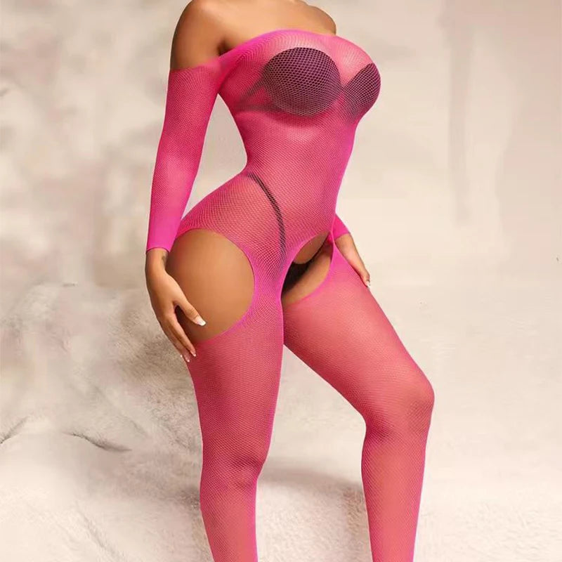 Rose Sexy Fishnet Bodysuit Cosplay Costumes Erotic Crotchless Lingerie Women Off Shoulder Full Body Stockings Mesh Sexy Costumes Aviola