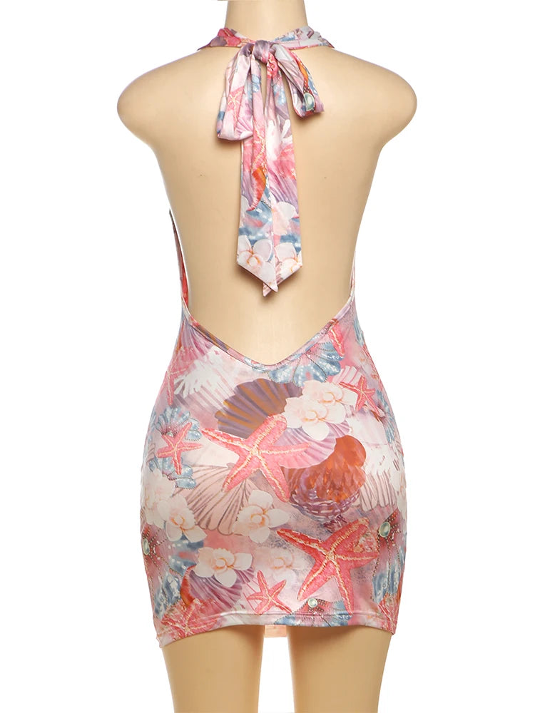 Nibber Colorful Print Dress Women Metal Shells Swing Collar Halter Bandage Backless Sleeveless Elasticity Sexy Midnight Bodycon Aviola