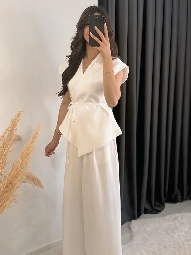 UNIZERA 2025 New Arrivals Women's Wear Elegant V-neck Sleeveless Lace-up Vest Jacket + High-waisted Casual Wide-leg Pants Set Aviola