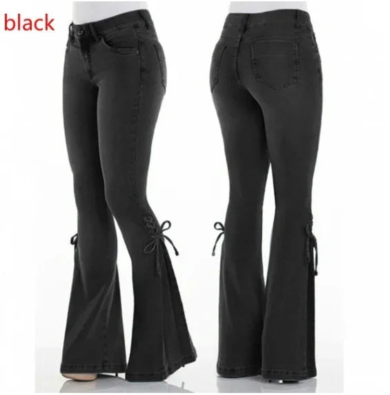 Full Length Flare Pants Women Jean Washed Denim Pants Zipper Fly Loose Fit Pockets High Waist Basics Lace Up Vintage Solid Aviola