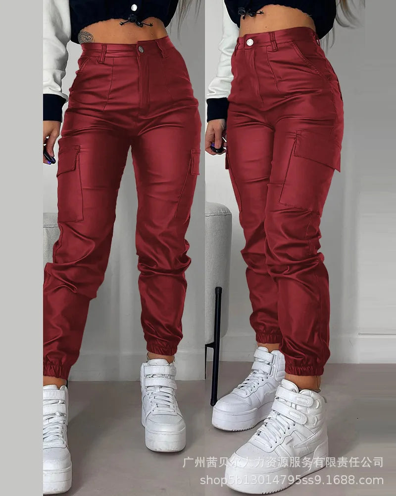2023 Women Leather Pants Pencil Multiple Pockets Tight Pu Pants Solid Color Button Classic Leather Slim Trousers Female Autumn Aviola