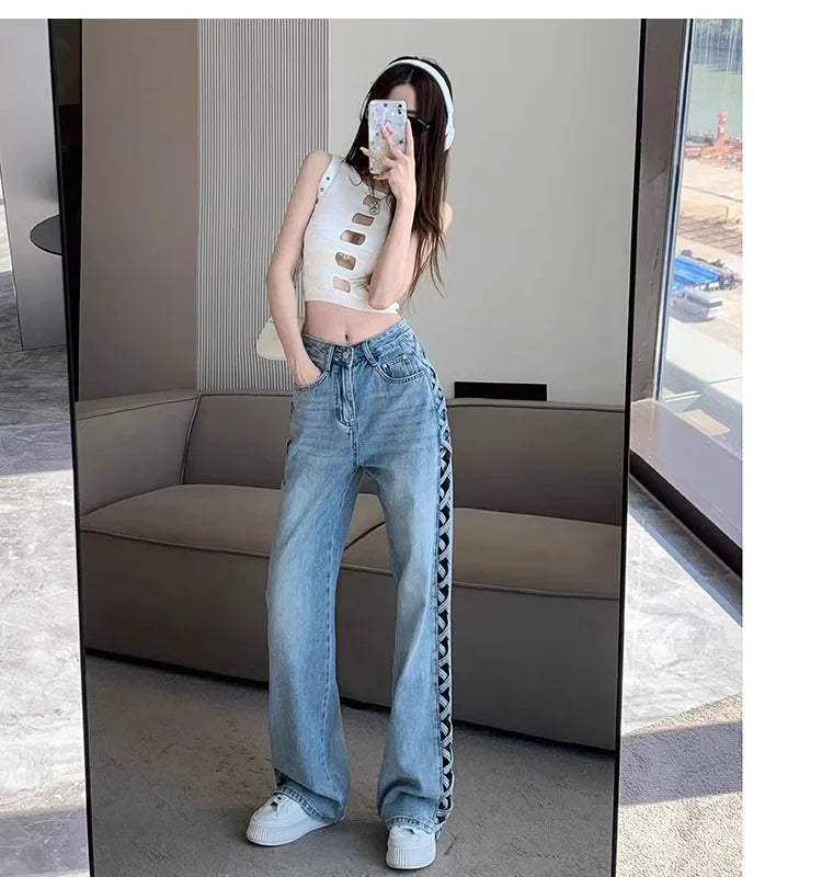 Women Casual Mom Jeans Hollow Out High Waist Trousers Button Zipper Wide Leg Pant Office Lady Loose Spring Club Y2k Streetwear Aviola