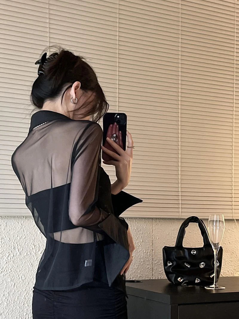 MEXZT Y2K Mesh Sheer Shirts Women Sexy Black See Through Blouses Summer Korean Fashion Aesthetic Long Sleeve Slim Chic Tops New Aviola