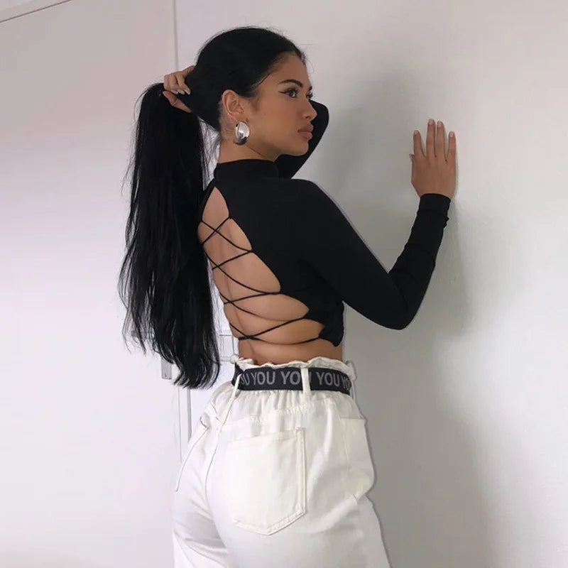 European and American Y2K Autumn/Winter New Round Neck Long sleeved Sexy Open Back Tie Slim Fit T-shirt for Women Aviola