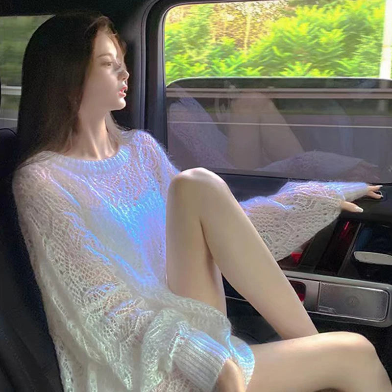 MEXZT Y2K Hollow Out Pullover Sweater Women Sweet Sexy See Through Thin Loose Jumper Korean Oversized Sun Protection Shirt Tops Aviola