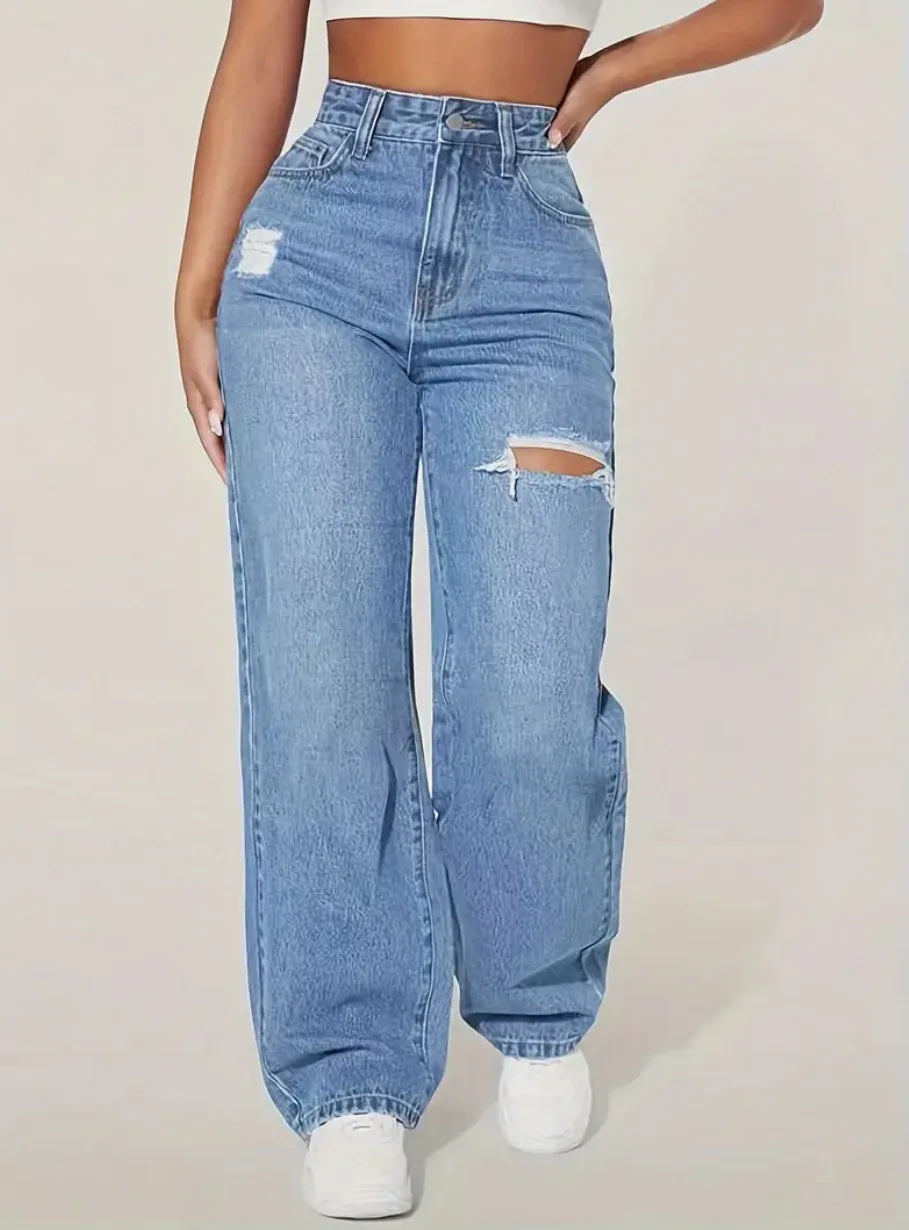 Mom Jeans Women Denim Pant Wide Leg Long Pants Hole High Waist Straight Trousers Y2k Streetwear Work Splice Casual 2025 Punk Aviola