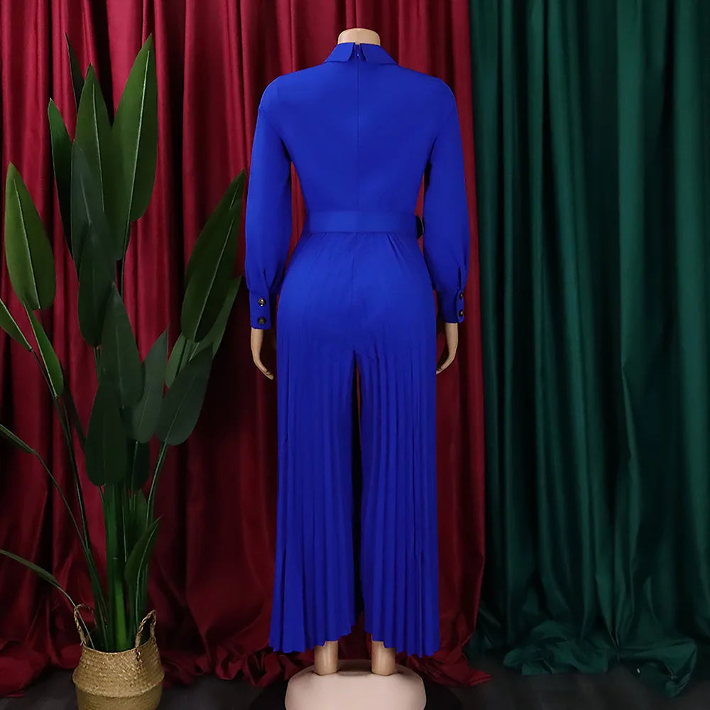 pleated Jumpsuits Women Single Breasted Long Sleeve Rompers Overalls Wide Leg Pants Spliced Sashes Slim Fit One Piece Button Aviola