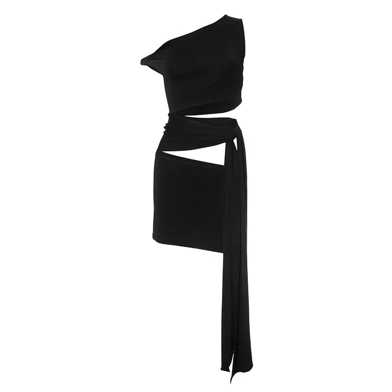 Nibber Irregular Hollow Dress Women Knot Off-The-Shoulder Bandage Biased Collar Sexy Fit Sleeveless Solid Midnight Mini Bodycon Aviola