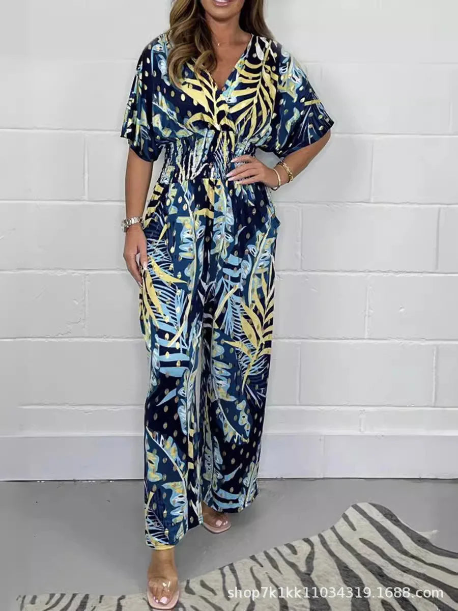Rompers Women V Neck Jumpsuits Ankle Length Wide Leg Pants Print Pullover One Piece Y2k Streetwear Loose Casual Pockets Aviola