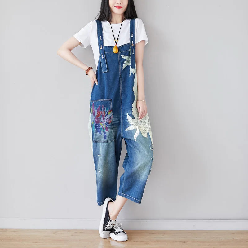 Ankle Length Denim Overalls Women Jeans Spliced Wide Leg Pants Streetwear Washed Jean Loose Fit Pockets 2024 Print Summer Aviola