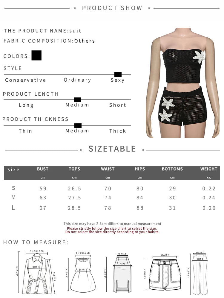 Nibber Summer Crochet Women 2 Piece Set Sexy Applique Hollow Beach Back Bandage Strapless Tops+Shorts Midnight Vacation Clubwear Aviola
