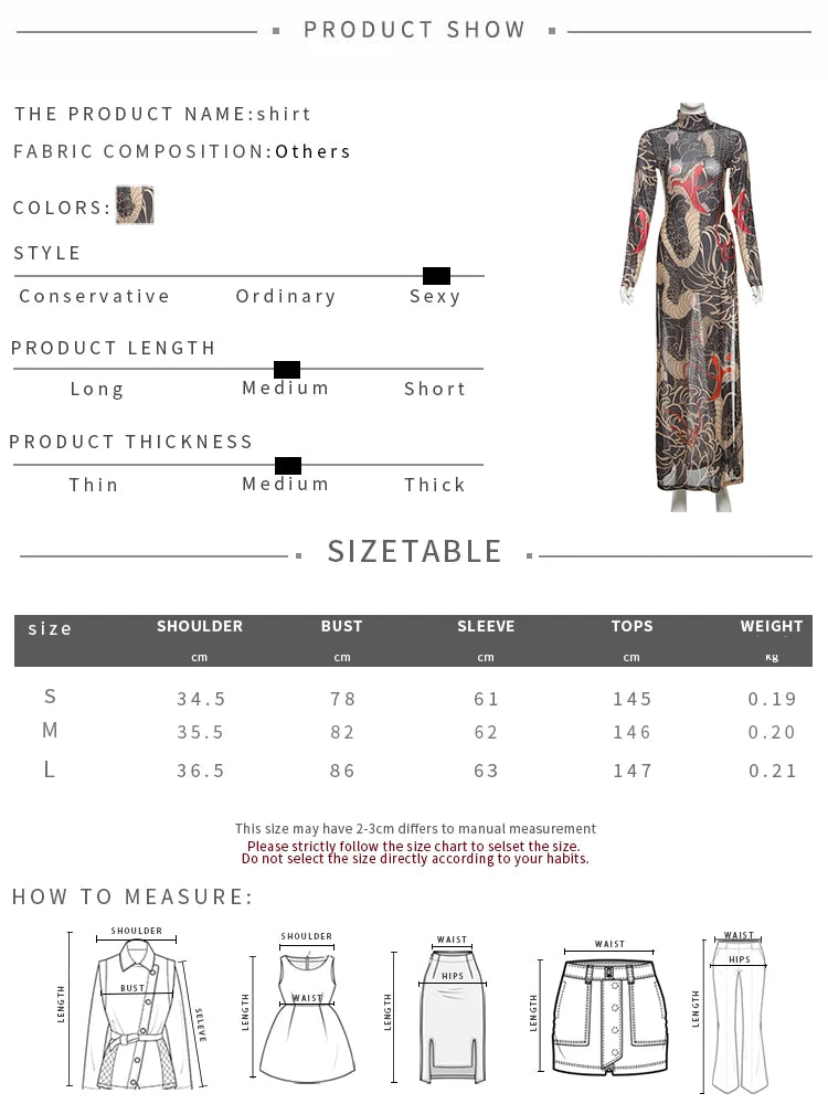 Nibber See Through Blouse Women Snake Print Half-High Neck Long Sleeves High Slits High Elasticity Street Skinny Trend Long Tops Aviola