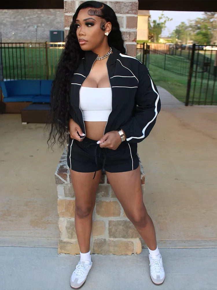 Nibber Fashion Casual Sporty 2 Piece Set Women Zipper Cardigan Polo-Neck Jacket+Drawstring Skinny Shorts Daily Slim Tracksuits Aviola