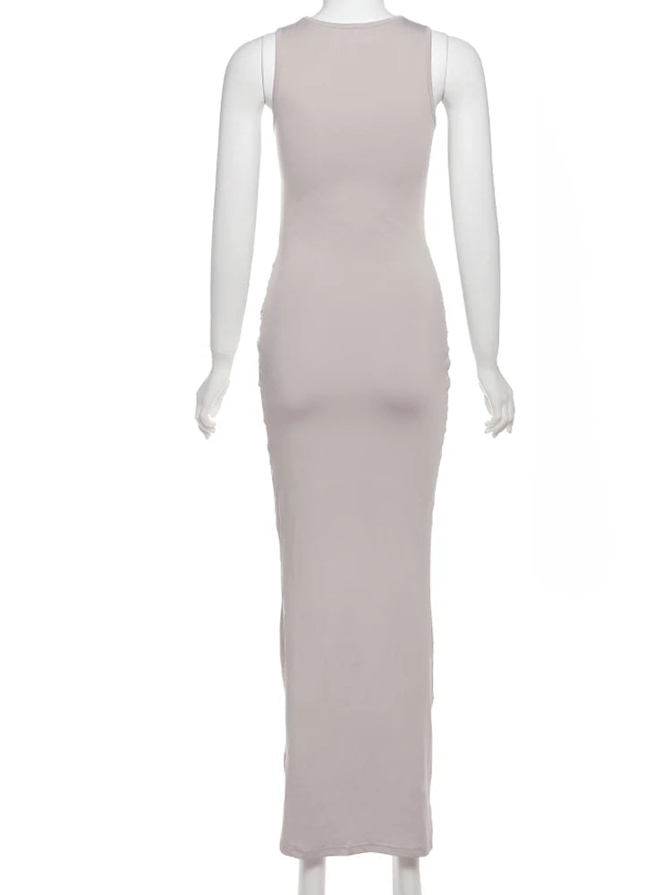 Nibber Elegant Ruched Knot Dress Women Chest Wrap Y2K Long Ribbon Solid o-Neck Simple Streetwear Stretch Sleeveless Vestidos Aviola
